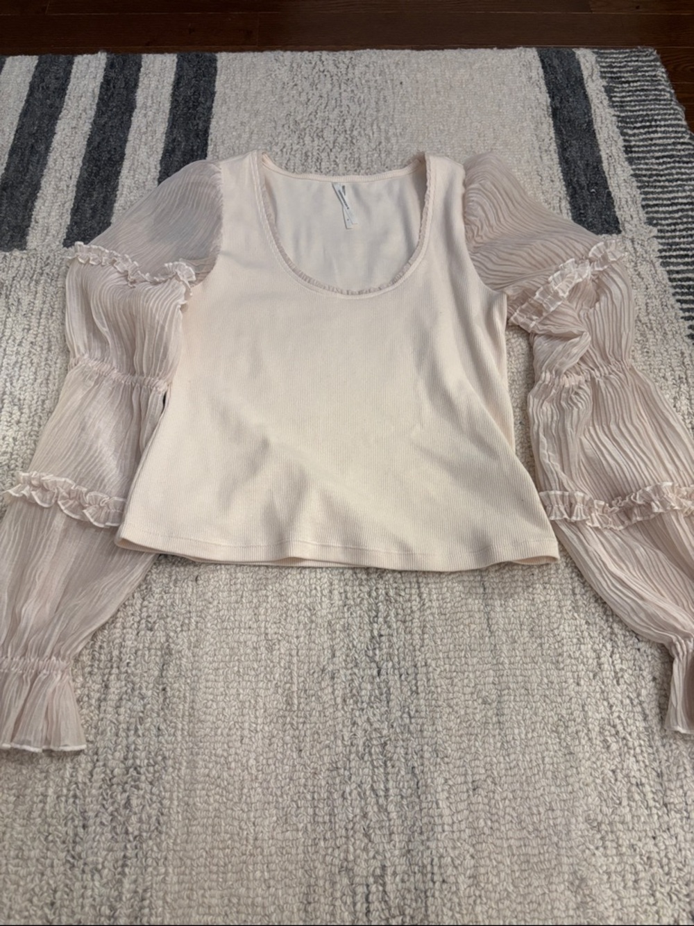 Anthropologie Cream Knit Crop Top with Sheer Ruffle Puff Sleeves NWOT - Picture 13 of 13